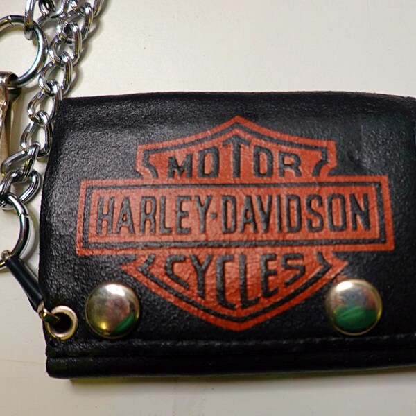 Vintage Harley Davidson MotorCycles Tri Fold Black Leather Wallet w/Chain Unisex Biker Fashion