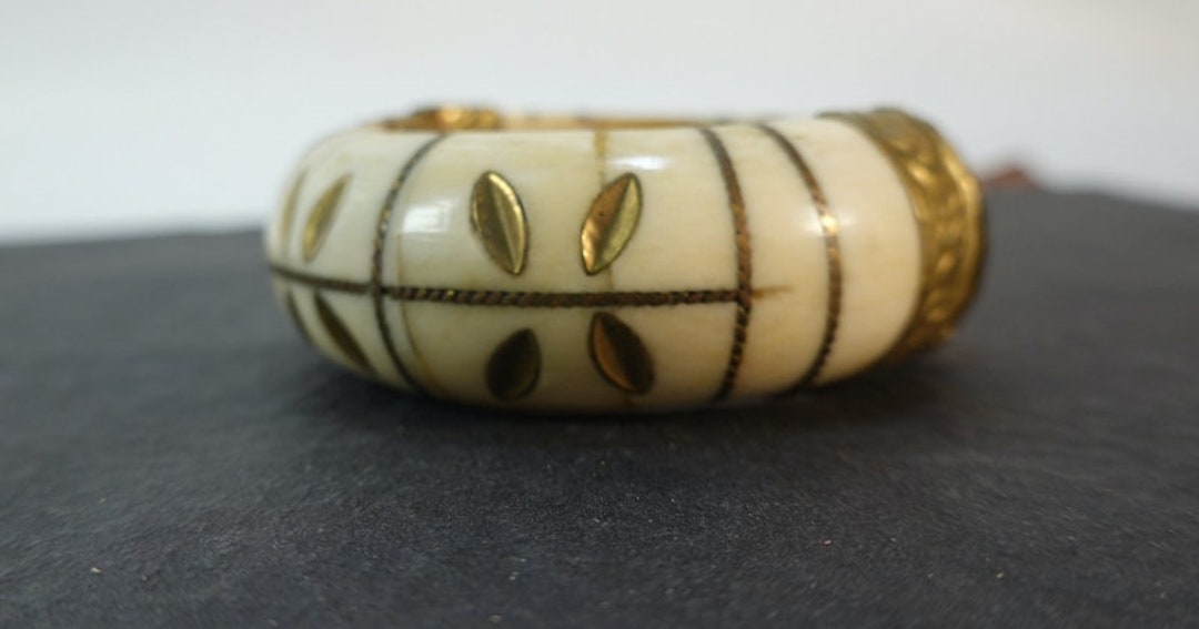 Vintage Bone and Brass Bangle Hand Carved With Locking Hinge Made of