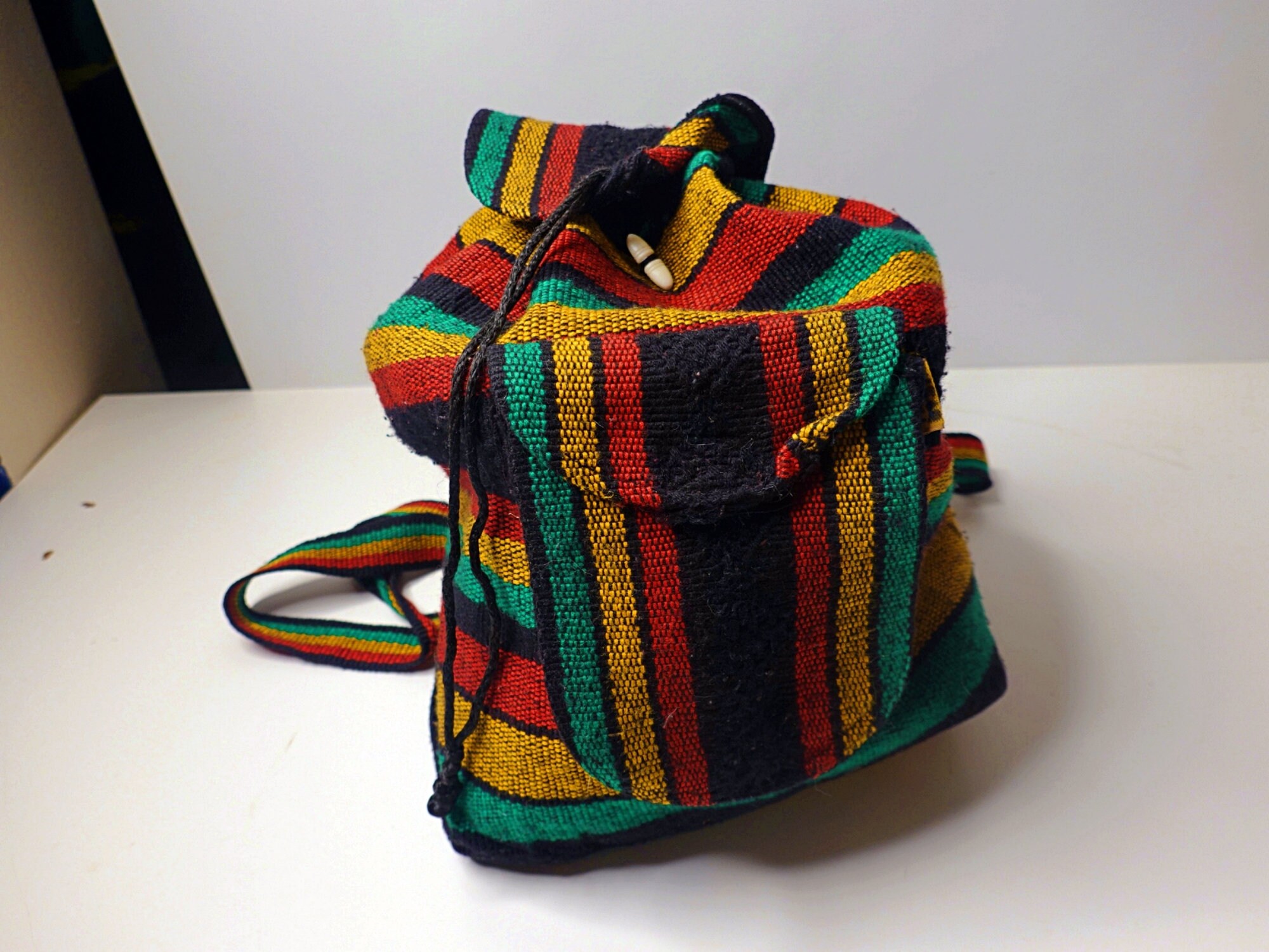 Vintage Mexican Woven Backpack Boho Rasta Stripe Drawstring 