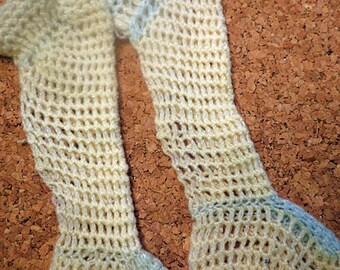 Vintage Handmade Knitted Softest Material Infant Long Stockings Creme w/Baby Blue Ribbon Detail
