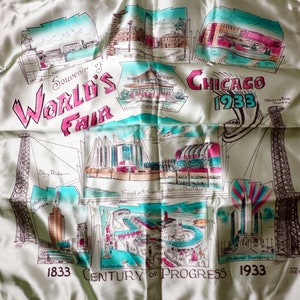 Vintage Chicago 1933 Worlds Fair A Century of Progress Satin Green Pillowcase Pillowslip Souvenir