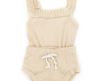 Baby Girl Summer Two Piece Outfit Beige Baby Tank Top Romper and Ruffle Short Set Baby Girl Summer Outfit Ribbed Baby Girl Outfit Summer Set
