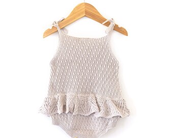 Gray Baby Girl Romper Knit Baby Romper Boho Baby Romper Knitted Baby Romper Sleeveless Baby Romper Summer Baby Outfit Toddler Girl Outfit