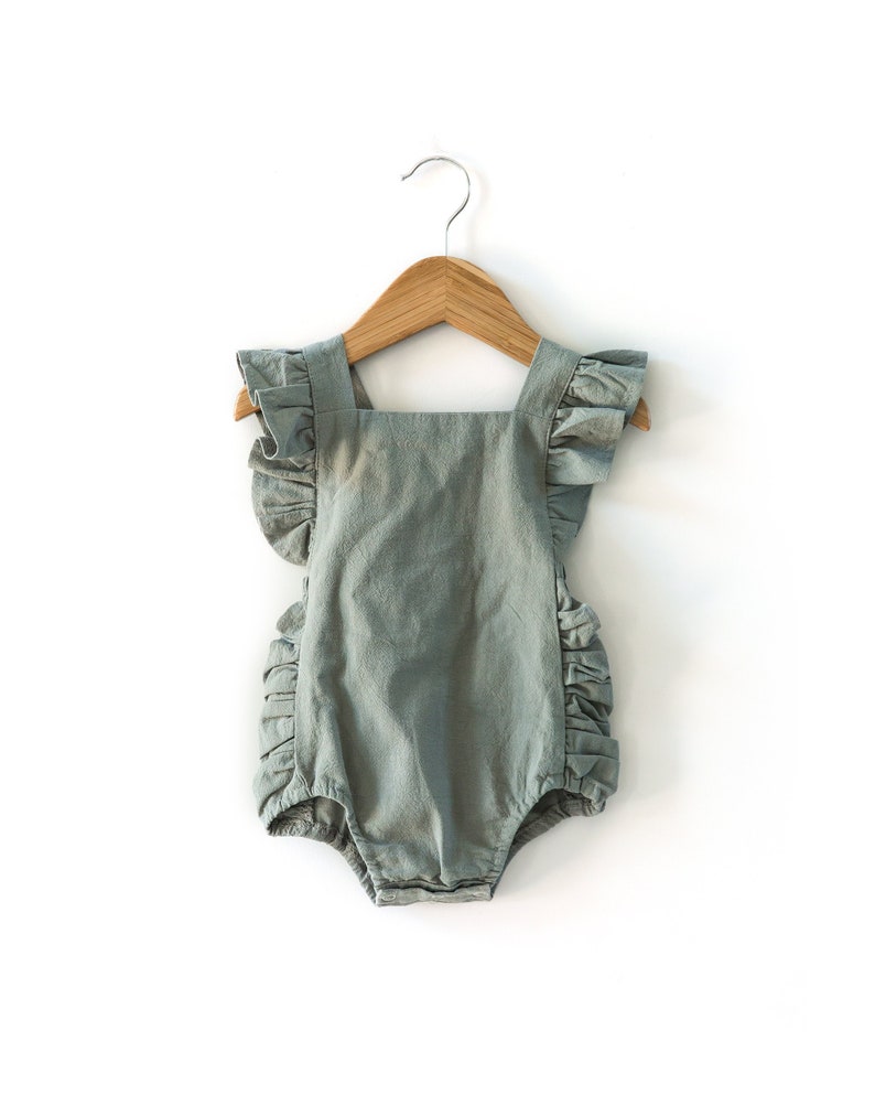 Sage Green Baby Romper Baby Girl Romper Vintage Baby Romper Baby Girl Ruffle Bloomer Ruffle Baby Romper Retro Baby Romper Ruffled Romper