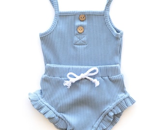 Baby Girl Summer Two Piece Outfit Blue Baby Tank Top  and Ruffle Short Set Baby Girl Summer Outfit Ribbed Baby Girl Outfit Summer Set