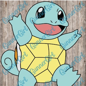 May include: A cartoon illustration of a blue and yellow Squirtle, a Pokemon character, with a big smile and its arms outstretched. The background is a woodgrain pattern.