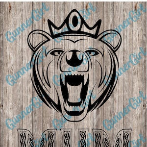 May include: Black and white digital design of a bear wearing a crown with the word "MUM" in a Celtic knot design below.