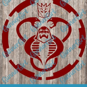 May include: A red and white Cobra logo with a stylized snake and a stylized Autobot symbol at the top. The logo is on a wooden background.