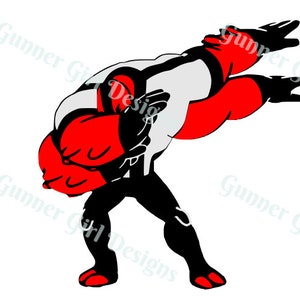 May include: A red and black cartoon character with a large head and a single eye. The character is in a fighting pose with one arm raised and the other arm bent at the elbow.