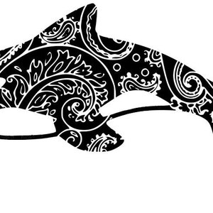 May include: Black and white illustration of an orca whale with a paisley pattern.