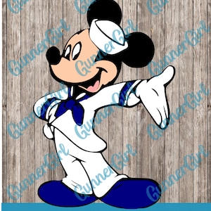May include: A cartoon illustration of Mickey Mouse dressed as a sailor. He is wearing a white sailor shirt with a blue collar and a blue bow tie. He has a white sailor hat on his head and blue pants. He is smiling and has his right arm outstretched.