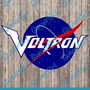 May include: A blue circle with a white V and the word "VOLTRON" in white letters. The circle has a red and white NASA-style logo with stars in the background. The image is on a woodgrain background.