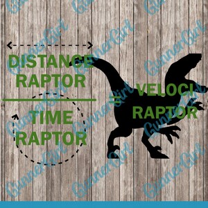 May include: A black silhouette of a velociraptor with the text "Distance Raptor" and "Time Raptor" in green text. The text "Velocity Raptor" is also in green text.