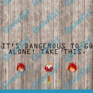 May include: It's dangerous to go alone! Take this. A digital illustration of a character from the Legend of Zelda video game series on a woodgrain background. The character is holding a sword and is standing next to a fire.