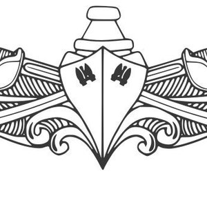 May include: Black and white line drawing of a submarine warfare insignia. The insignia features a stylized submarine with a periscope and two crossed swords. The submarine is surrounded by waves and a decorative border.