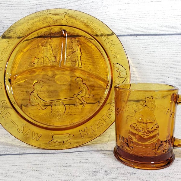 Vintage Amber Glass Nursery Rhymes Divided Childs Plate and Cup Set by Tiara Exclusives