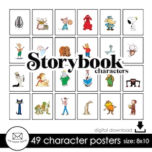May include: A set of 49 framed character posters. The posters showcase illustrations of storybook characters. The text "Storybook characters" is in the center. The size is 20.3 x 25.4 cm. The Happy Invite logo is in the bottom left.