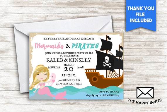 Mermaids And Pirates Double Birthday Invite 5x7 Digital Etsy