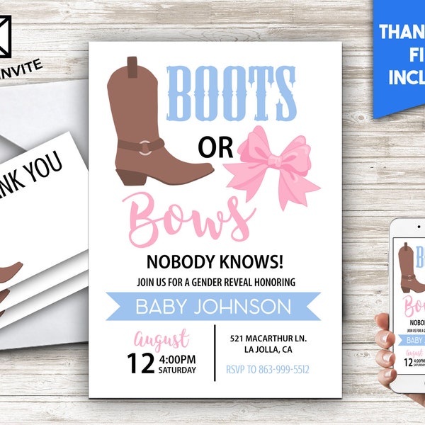 Boots or Bows Gender Reveal Invite 5x7 Digital Personalized Invitation #446.0