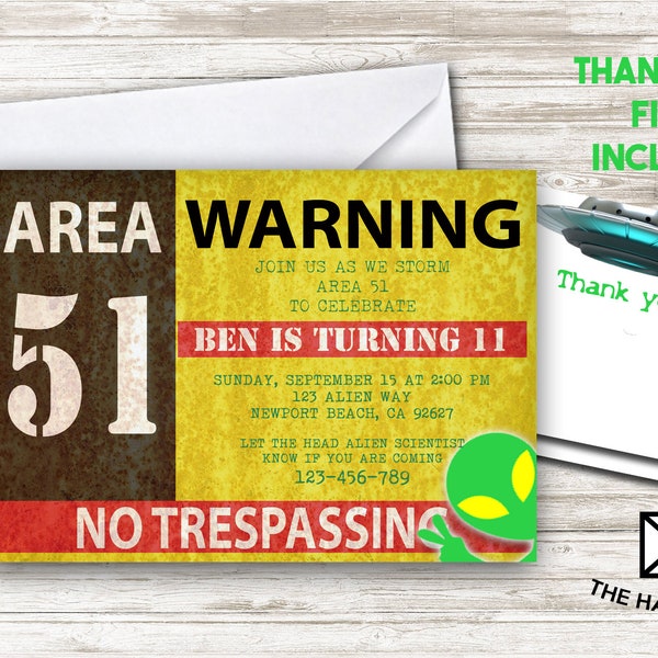 Area 51 Alien Birthday Invite 7x5 Digital Personalized invitation Top Secret Warning Sign #382.1