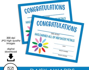 Daisy Petal Awards Printable Print Certificate Troop Scout Digital Instant Download 11x8.5