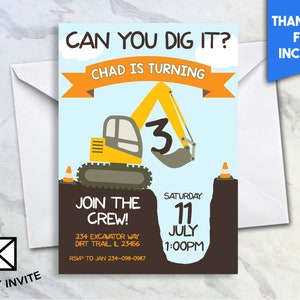 May include: A yellow digger with a brown dirt background. The digger has a number 3 on the side and the text "Can you dig it? Chad is turning" above it. The text "Join the crew!" is below the digger. The text "Saturday, July 11, 1:00PM" is on the right side of the image. The text "234 Excavator Way, Dirt Trail, IL 23456" is below the digger. The text "RSVP to Jan 234-098-0987" is below the text "234 Excavator Way, Dirt Trail, IL 23456".