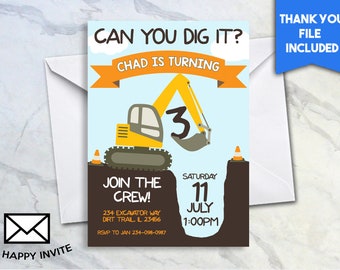 Baugeburtstag Einladung Junge Einladung 5x7 Digital personalisiert Bagger Can You Dig it Digger Zapfen Dreck Loch Jedes Alter Banner #285.0
