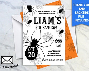Scary Spider Birthday Invite Invitation 5x7 Digital Personalized Halloween Backside Spider Webs Black White Gender Neutral Any Age #323.0