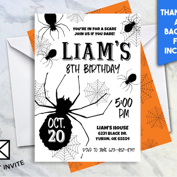 Scary Spider Birthday Invite Invitation 5x7 Digital Personalized Halloween Backside Spider Webs Black White Gender Neutral Any Age #323.0