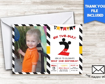 Oh Two-dles 2nd Birthday Invite With Photo 7x5 Digital Photo Personalized Mickey Boy's Party Invitation Banner Second Birthday #131.0