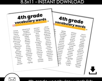 Vocabulary Words List 4th Grade Instant Download Printable Digital Homeschool Teaching Reference Spelling 8.5x11