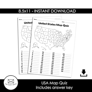 Puede incluir: Dos cuestionarios imprimibles del mapa de EE. UU. de tamaño A4 con estados numerados y clave de respuestas. El texto de la página dice "United States Map Quiz" e "Includes answer key". El logotipo de The Happy Invite está en la esquina inferior izquierda.
