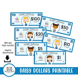 Puede incluir: Una colección de billetes imprimibles Daisy Dollar en azul y blanco, en varias denominaciones, incluyendo $1, $5, $10, $20, $50 y $100. Cada billete presenta una niña de dibujos animados, un diseño floral y el texto "DAISY DOLLAR".