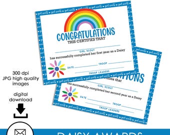 Certificado de fin de año de los Premios Daisy, impresiones digitales de 11 x 8,5, descarga instantánea, para tropa Scouts