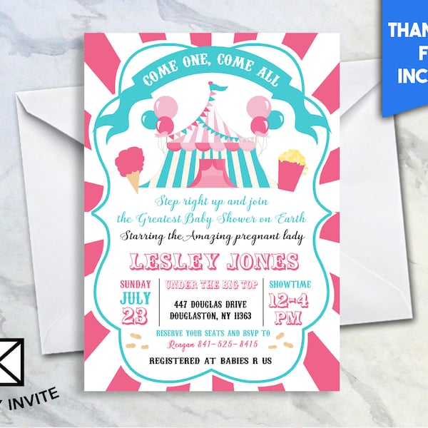 Circus Baby Shower Invite 5x7 Digital Personalized Baby Sprinkle Invitation Greatest Show On Earth Come One Come All Tent Popcorn #262.0