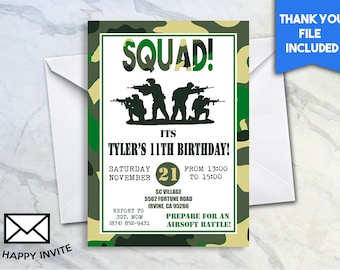 Boy’s Military Birthday Invite 5x7 Digital Personalized Squad Camouflage Invitation Airsoft Paintball Nerf Battle Teen Army Birthday #161.0