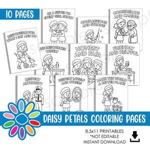 May include: A collection of ten black and white Daisy Petals coloring pages. Each page features a Girl Scout illustration with a positive character trait, such as "Honest and Fair" or "Respect Authority". The text "Daisy Petals Coloring Pages" is displayed.