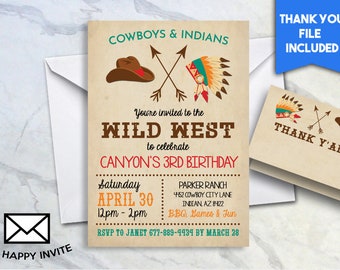 Wild West Birthday Party Invite 5x7 Digital Personalized Cowboy and Indian Birthday Party, Western, Any Age #451.0