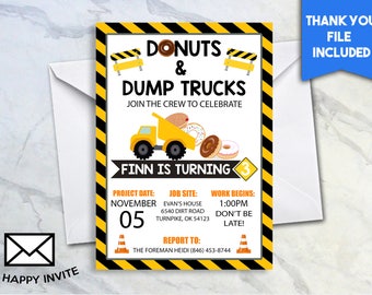 Donuts & Dump Trucks Birthday Invite Boy Invitation 5x7 Digital Personalized Construction Cones Barriers Yellow Orange Chocolate #222.0