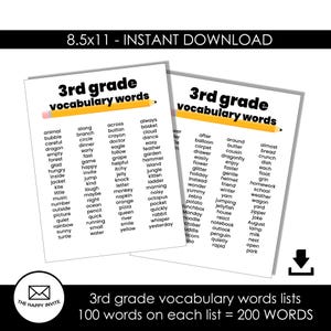 May include: Two white A4 printable sheets with 3rd grade vocabulary words. Each sheet has a yellow pencil graphic at the top. The sheets are titled "3rd grade vocabulary words" and contain 100 words each.