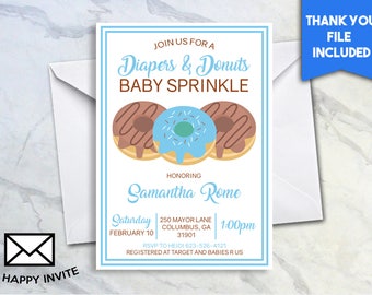 Diapers and Donuts Boy Baby Sprinkle 5x7 Personalized Digital Baby Shower Donuts Blue Teal Light Blue Chocolate Sweet #212.0