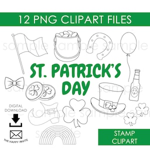 St. Patrick&#39;s Day Stamp Clipart PNG Digital Instant Download Irish Outline Clipart St. Patty&#39;s Day Graphics