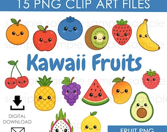 Kawaii Fruit Clipart PNG Digital Download Images Clip Art Graphics Instant Download Cute Fruit