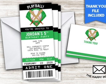 Baseball Birthday Ticket Invite 3x7 Digital Personalized Invitation, Play Ball, Any Age, Invitation, Helmet, Bats, All Star  #420.0