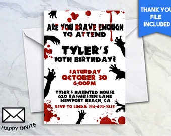 Zombie Birthday Party Invite Invitation 5x7 Digital Personalized Bloody Scary Hands Blood Stains Splatter Red Black Boy's Teen #151.0