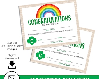 Cadette End of Year Award Certificate Digital Instant Download Template Troop 11x8.5 Printable Prints
