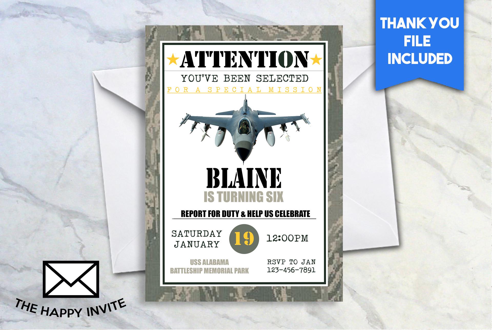 Air Force Birthday Invite 5x7 Digital Personalized Invitation Fighter Jet  Military