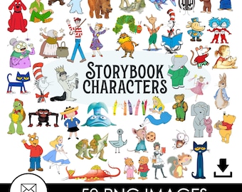 Clipart-afbeeldingen van personages uit kinderboeken in PNG-formaat, een bundel met direct te downloaden digitale clipart.