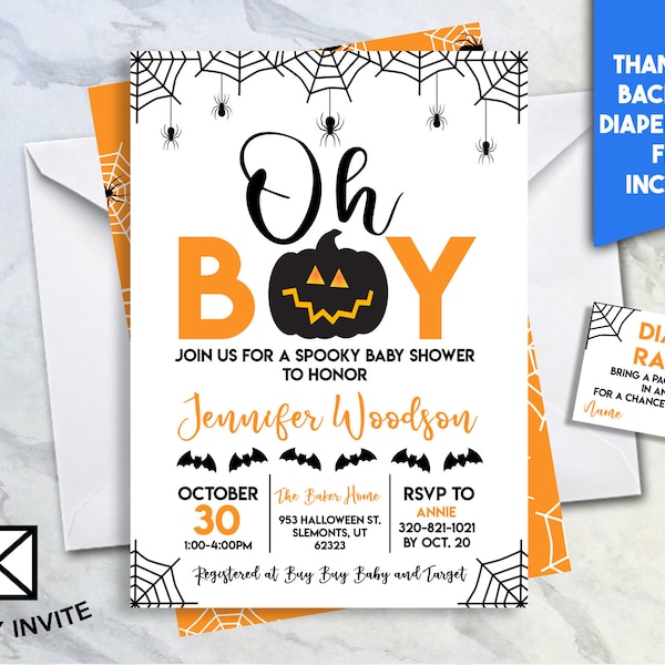 Oh Boy Halloween bébé garçon douche Spooky saupoudrer Invite 5 x 7 Invitation personnalisée numérique citrouille chauves-souris blanches araignées araignées #287.0