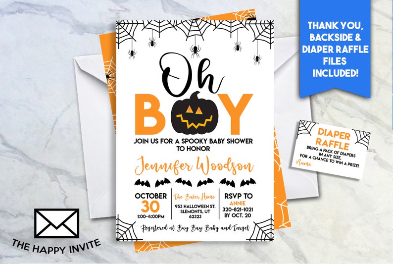 Oh Boy Halloween Baby Boy Shower Spooky Sprinkle Invite 5x7 Digital